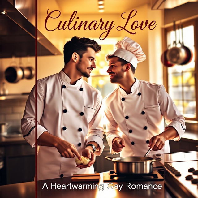 A book cover design featuring two male chefs in a warm, inviting kitchen as they exchange loving glances