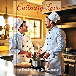 A book cover design featuring two male chefs in a warm, inviting kitchen as they exchange loving glances