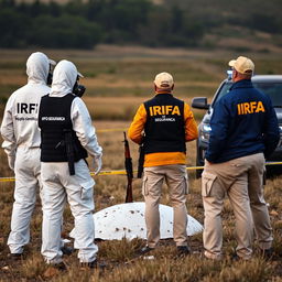 Two individuals wearing white hazmat suits with "IRFA" and "equipa científica e análise" on the back, equipped with breathing masks, are analyzing UFO debris in a field