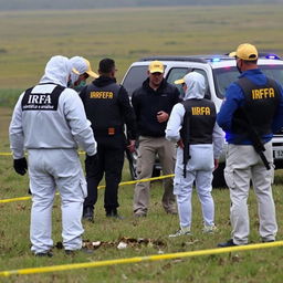 Two individuals wearing white hazmat suits with "IRFA" and "equipa científica e análise" on the back, equipped with breathing masks, are analyzing UFO debris in a field