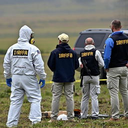 Two individuals wearing white hazmat suits with "IRFA" and "equipa científica e análise" on the back, equipped with breathing masks, are analyzing UFO debris in a field