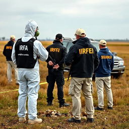 Two individuals wearing white hazmat suits with "IRFA" and "equipa científica e análise" on the back, equipped with breathing masks, are analyzing UFO debris in a field