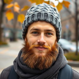 A young man with a well-groomed beard wearing a cozy knitted beanie, standing outdoors with a subtle smile