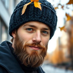 A young man with a well-groomed beard wearing a cozy knitted beanie, standing outdoors with a subtle smile