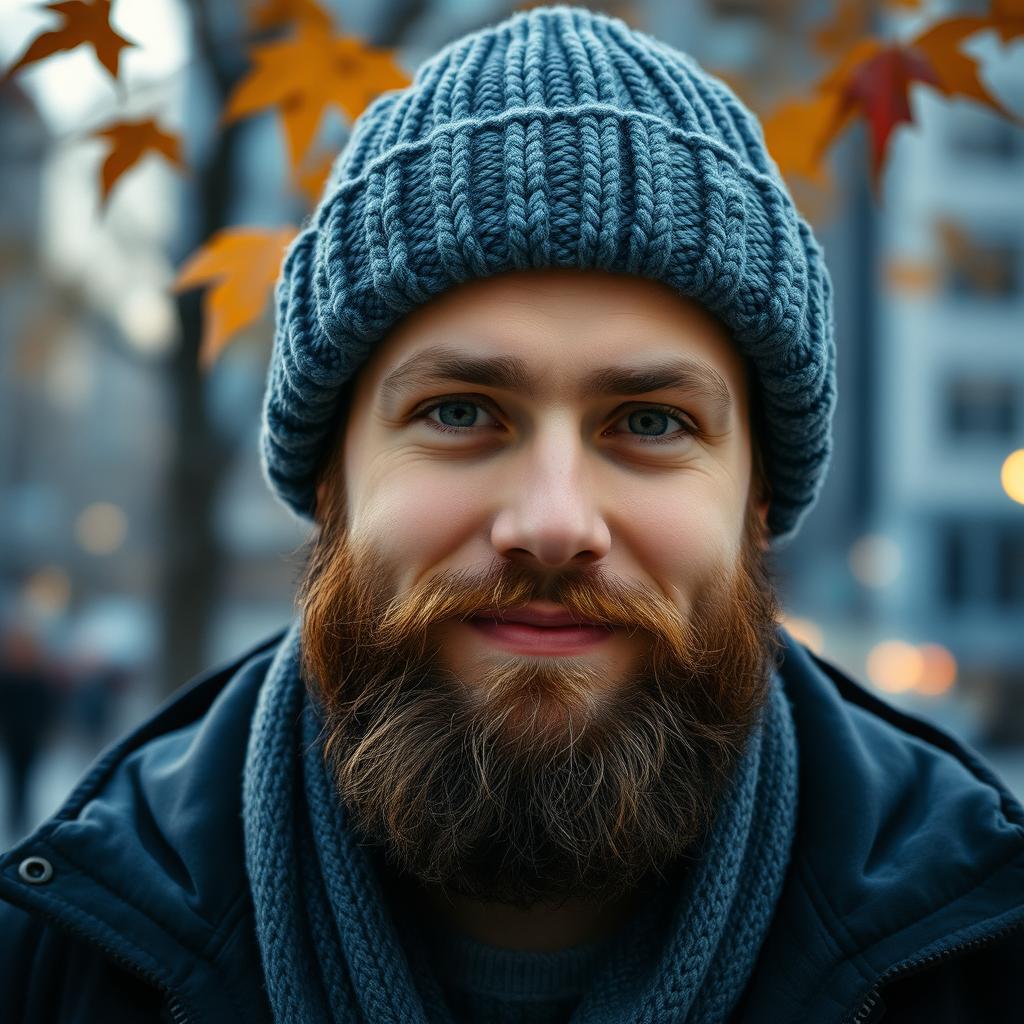 A young man with a well-groomed beard wearing a cozy knitted beanie, standing outdoors with a subtle smile