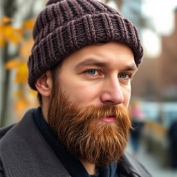 A young man with a well-groomed beard wearing a cozy knitted beanie, standing outdoors with a subtle smile