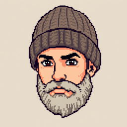 Pixel art of a young, bearded man wearing a knitted beanie, featuring a serious expression