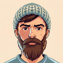 Pixel art of a young, bearded man wearing a knitted beanie, featuring a serious expression