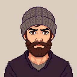 Pixel art of a young, bearded man wearing a knitted beanie, featuring a serious expression