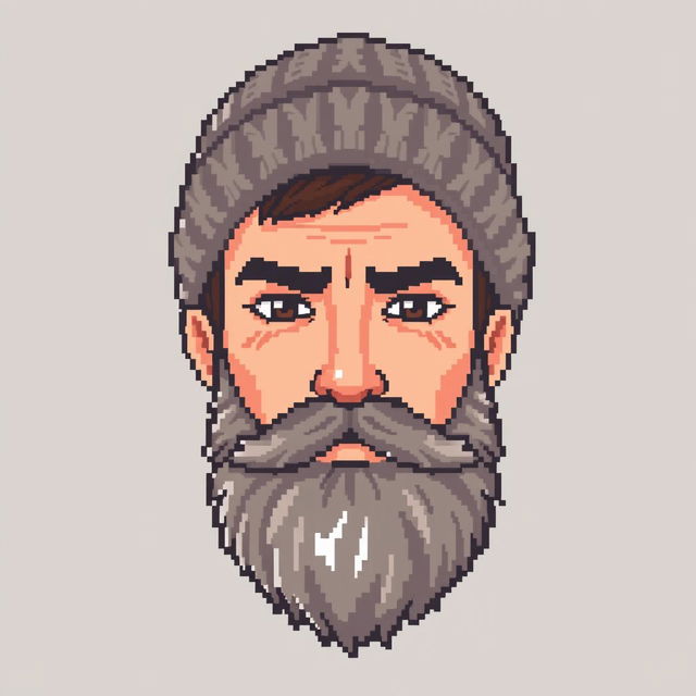 Pixel art of a young, bearded man wearing a knitted beanie, featuring a serious expression