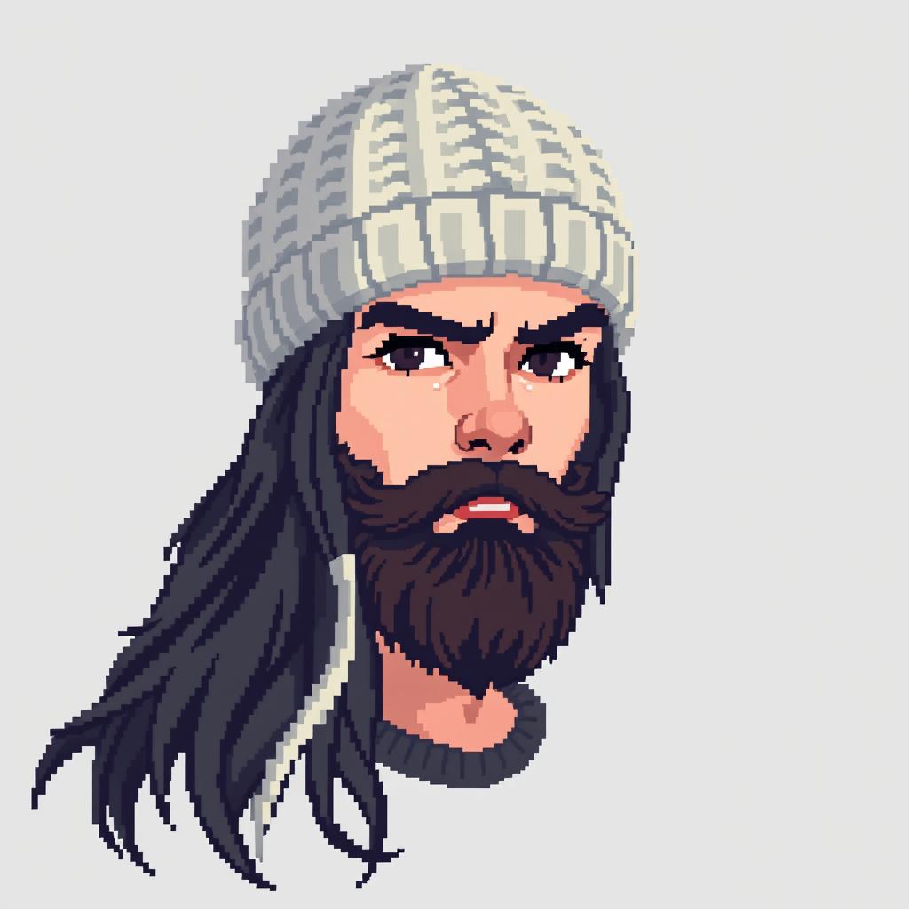 Pixel art of a young man with long hair and a beard, wearing a knitted beanie, and displaying a serious expression