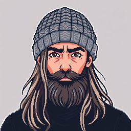 Pixel art of a young man with long hair and a beard, wearing a knitted beanie, and displaying a serious expression