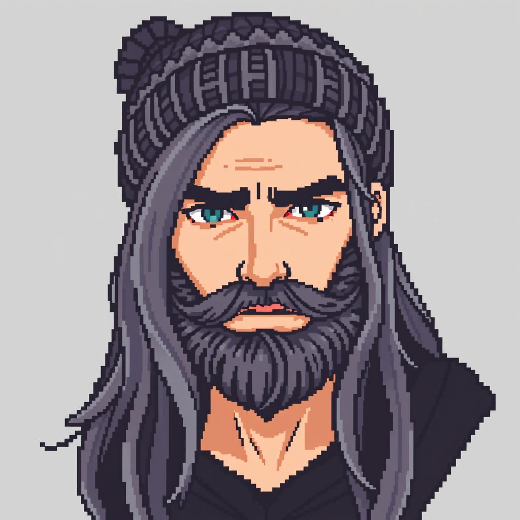 Pixel art of a young man with long hair and a beard, wearing a knitted beanie, and displaying a serious expression