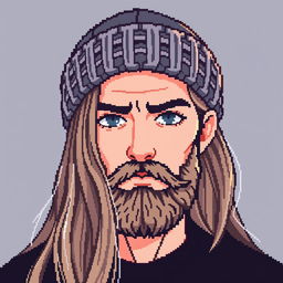 Pixel art of a young man with long hair and a beard, wearing a knitted beanie, and displaying a serious expression