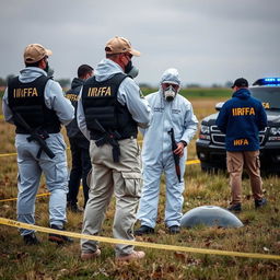 Two individuals in white hazmat suits with "IRFA" and "equipa científica e análise" written on the back, wearing breathing masks, are analyzing UFO debris in a field