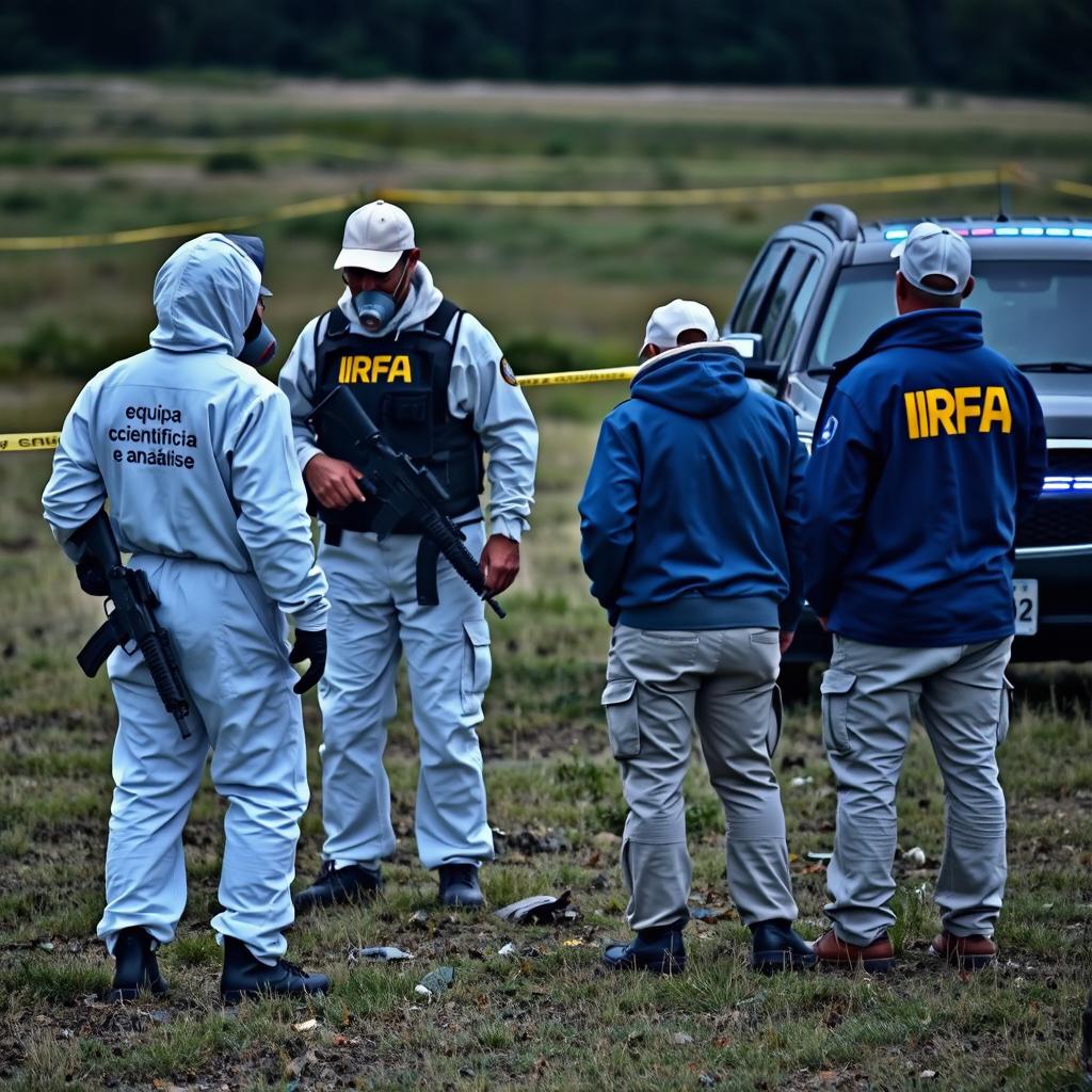 Two individuals in white hazmat suits with "IRFA" and "equipa científica e análise" written on the back, wearing breathing masks, are analyzing UFO debris in a field