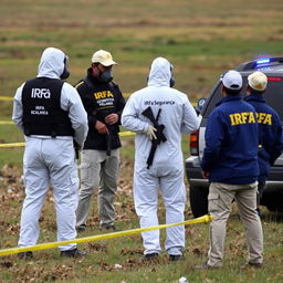 Two individuals in white hazmat suits with "IRFA" and "equipa científica e análise" written on the back, wearing breathing masks, are analyzing UFO debris in a field