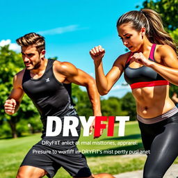 A dynamic scene showcasing two athletic individuals wearing DRYFIT apparel, one male and one female, performing an intense outdoor workout