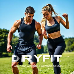 A dynamic scene showcasing two athletic individuals wearing DRYFIT apparel, one male and one female, performing an intense outdoor workout