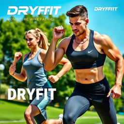 A dynamic scene showcasing two athletic individuals wearing DRYFIT apparel, one male and one female, performing an intense outdoor workout