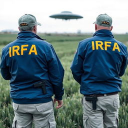 Two investigators are analyzing a UFO in a field, both wearing blue jackets with yellow "IRFA" lettering on the back