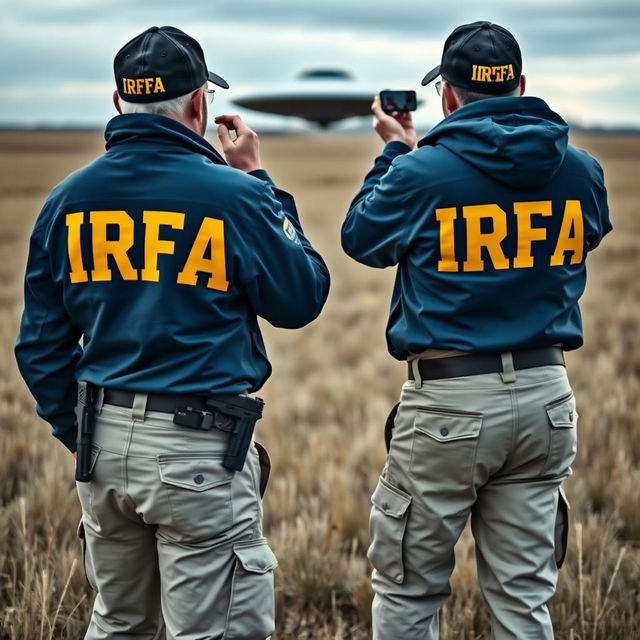 Two investigators are analyzing a UFO in a field, both wearing blue jackets with yellow "IRFA" lettering on the back