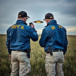 Two investigators are analyzing a UFO in a field, both wearing blue jackets with yellow "IRFA" lettering on the back