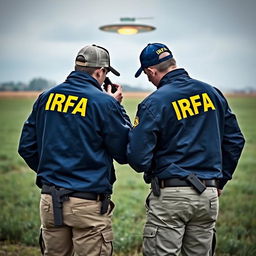 Two investigators are analyzing a UFO in a field, both wearing blue jackets with yellow "IRFA" lettering on the back