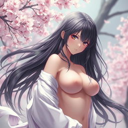 an alluring anime woman with flowing hair, depicted in a serene and dreamy environment, artistically draped to accentuate her curves without revealing nudity, set against a mystical backdrop of cherry blossoms in bloom, invoking a sense of elegance and beauty