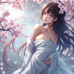 an alluring anime woman with flowing hair, depicted in a serene and dreamy environment, artistically draped to accentuate her curves without revealing nudity, set against a mystical backdrop of cherry blossoms in bloom, invoking a sense of elegance and beauty