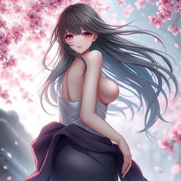 an alluring anime woman with flowing hair, depicted in a serene and dreamy environment, artistically draped to accentuate her curves without revealing nudity, set against a mystical backdrop of cherry blossoms in bloom, invoking a sense of elegance and beauty