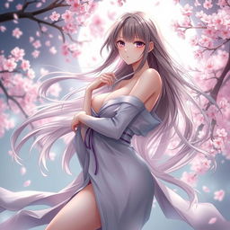 an alluring anime woman with flowing hair, depicted in a serene and dreamy environment, artistically draped to accentuate her curves without revealing nudity, set against a mystical backdrop of cherry blossoms in bloom, invoking a sense of elegance and beauty