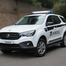 A sleek, black and white escort vehicle marked with 'Ambra Security Service Escort Unit' bold graphics