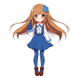 A cute anime girl with flowing brown hair adorned with a blue hair clip