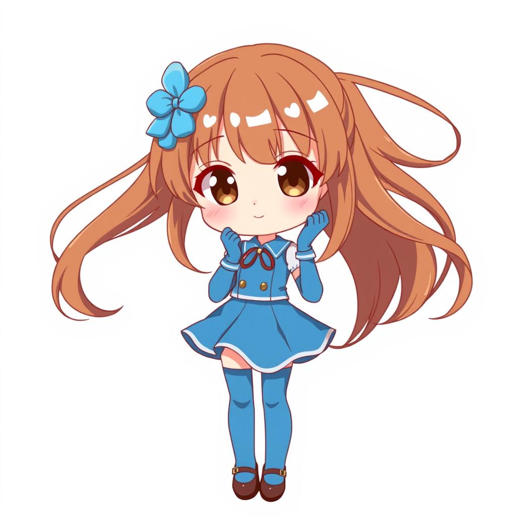 A cute anime girl with flowing brown hair adorned with a blue hair clip