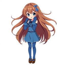 A cute anime girl with flowing brown hair adorned with a blue hair clip