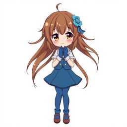 A cute anime girl with flowing brown hair adorned with a blue hair clip