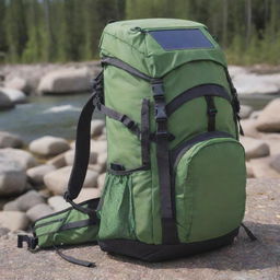 A durable hiking backpack equipped with solar power capabilities and a built-in cooler compartment.