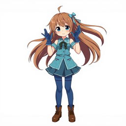 An anime girl with flowing brown hair adorned with a simple blue hair clip