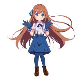 An anime girl with flowing brown hair adorned with a simple blue hair clip