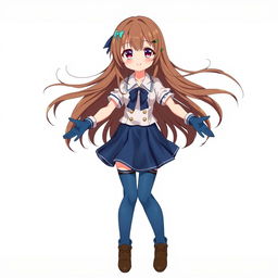 An anime girl with flowing brown hair adorned with a simple blue hair clip