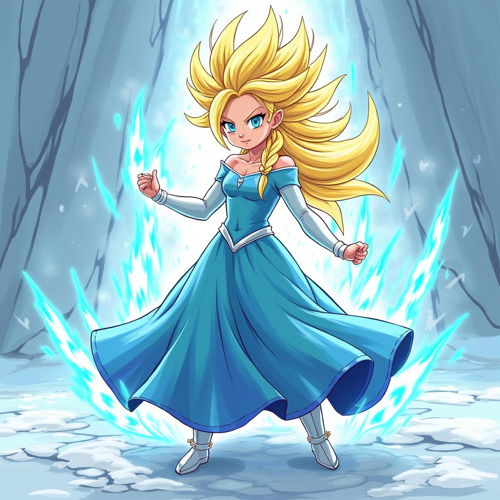 A fusion of Princess Elsa from Frozen with the Super Saiyan transformation, drawn in the distinctive art style of Dragon Ball Z