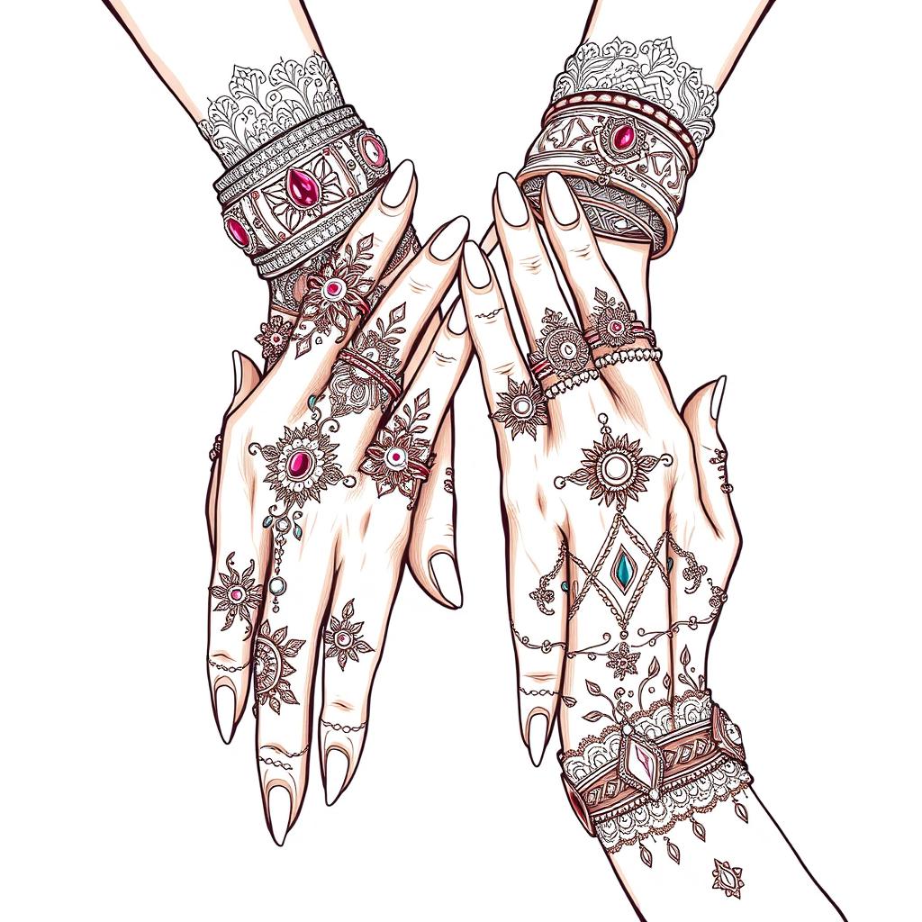 A detailed doodle illustration showcasing hands adorned with an array of complex and intricate ornaments, including ornate rings, bracelets encrusted with gemstones, and elegant henna designs