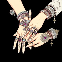 A detailed doodle illustration showcasing hands adorned with an array of complex and intricate ornaments, including ornate rings, bracelets encrusted with gemstones, and elegant henna designs