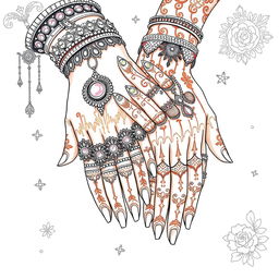 A detailed doodle illustration showcasing hands adorned with an array of complex and intricate ornaments, including ornate rings, bracelets encrusted with gemstones, and elegant henna designs