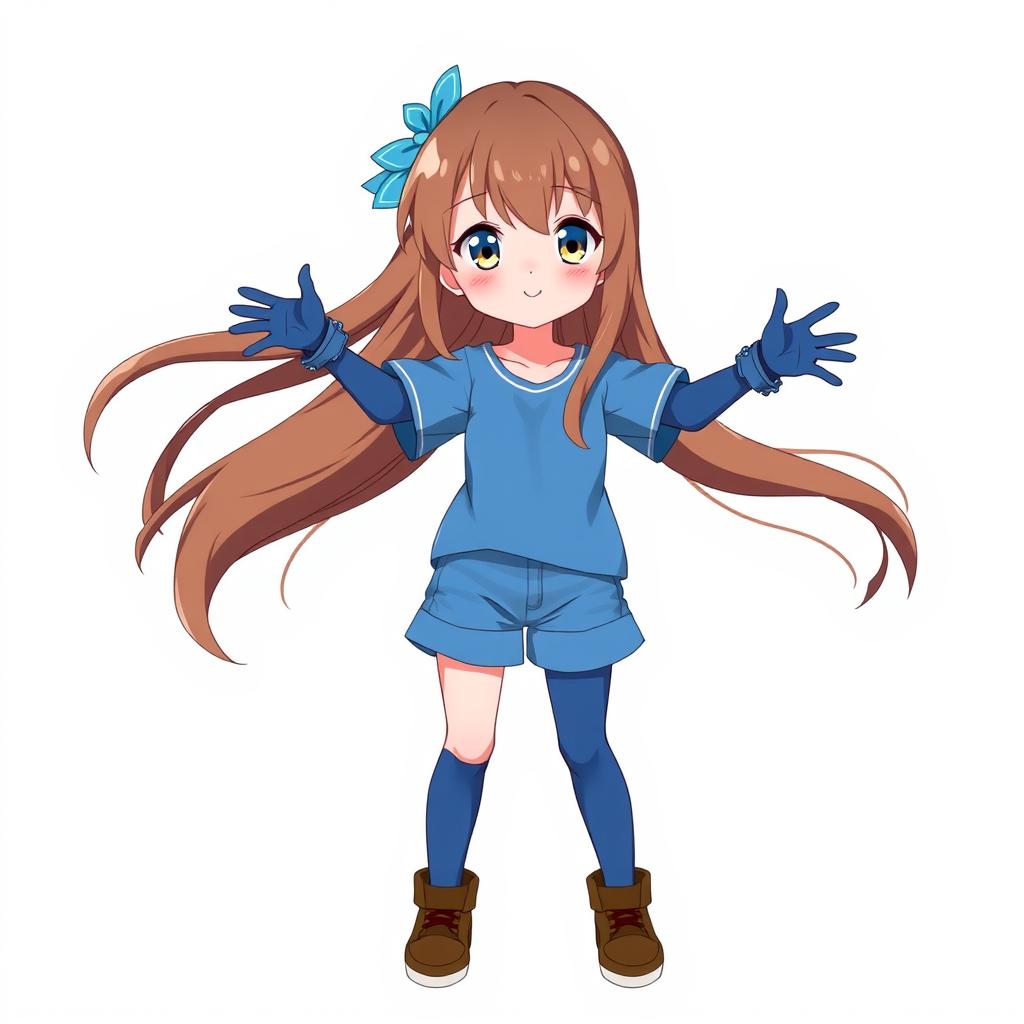 An anime girl with flowing brown hair adorned with a simple blue hair clip