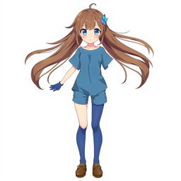 An anime girl with flowing brown hair adorned with a simple blue hair clip