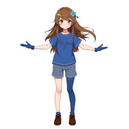 An anime girl with flowing brown hair adorned with a simple blue hair clip