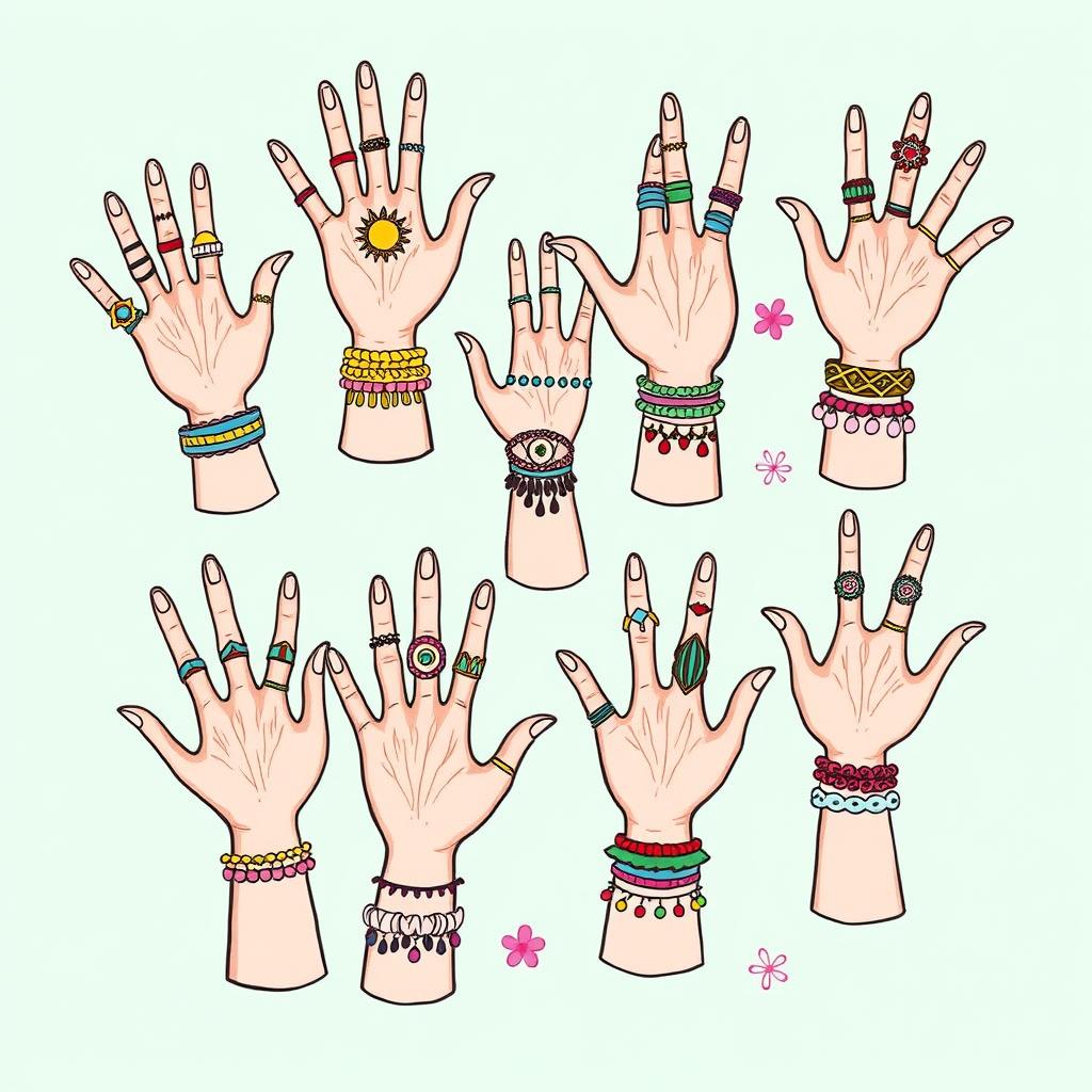 A whimsical doodle illustration featuring numerous hands, each adorned with an array of fun and intricate ornaments such as playful rings, colorful bracelets, and quirky patterns