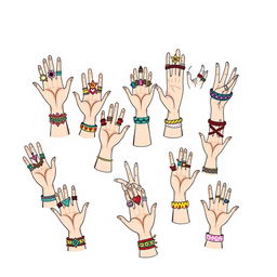 A whimsical doodle illustration featuring numerous hands, each adorned with an array of fun and intricate ornaments such as playful rings, colorful bracelets, and quirky patterns